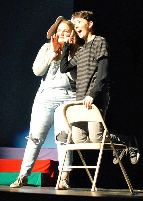 Horton the Elephant, played by senior Alyce Wilson, and JoJo, played by senior Esther George, sing a song together while rehearsing a scene in the Eldon High School Drama Club's production of "Seussical Jr."