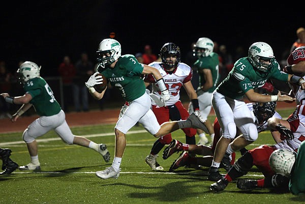 Cody Alexander of Blair Oaks crosses the goal line for a touchdown during last Friday night's game against Southern Boone at the Falcon Athletic Complex in Wardsville.