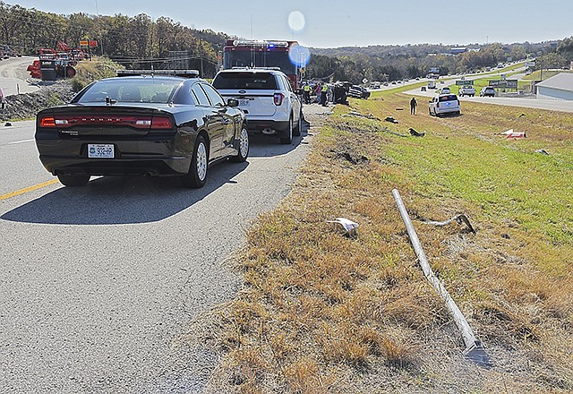 Cole County first responders and the Missouri Highway Patrol responded to the scene of a single-vehicle accident Thursday, Nov. 10, 2016, on U.S. 54. The vehicle appeared to be westbound and ran through the median, coming to rest on the vehicle's passenger side on the inside shoulder of the eastbound lane.