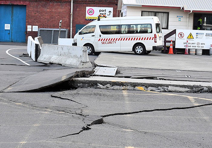 Fissures run along a road by the Centre Port in Wellington after a major earthquake struck New Zealand's south Island early Monday. A powerful earthquake struck in a mostly rural area close to the city of Christchurch but appeared to be more strongly felt in the capital, Wellington, more than 120 miles away. 