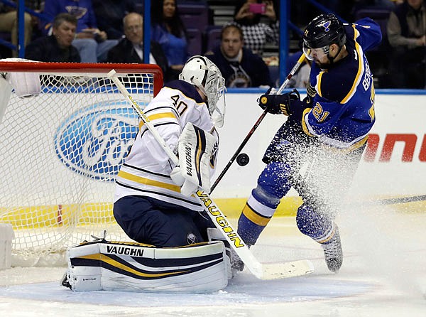 Patrik Berglund (right) of the blues is unable to get a shot past Sabres goalie Robin Lehner during the second period of Tuesday night's game in St. Louis.