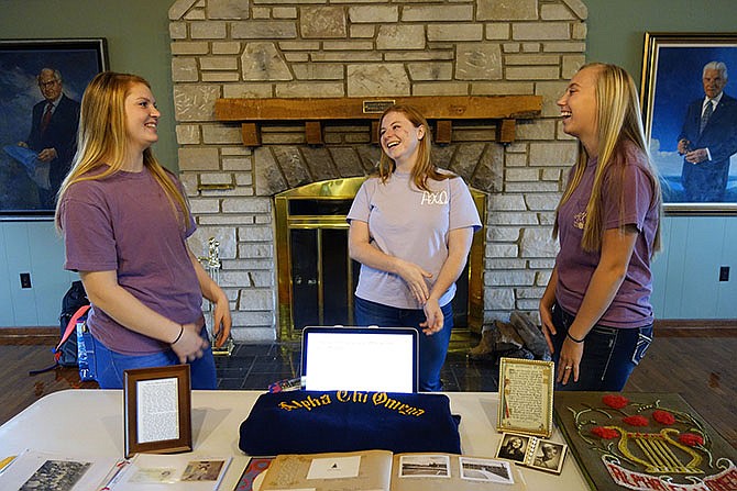 Sorority sisters, from left, Maddie VanGuilder, Emily Gast and Shelby Feltrup researched the history of sororities at William Woods University, once an all-female college. All members of Alpha Chi Omega, VanGuilder is a freshman majoring in business administration, Gast is a sophomore majoring in special education and Feltrup is a freshman majoring in equestrian science.