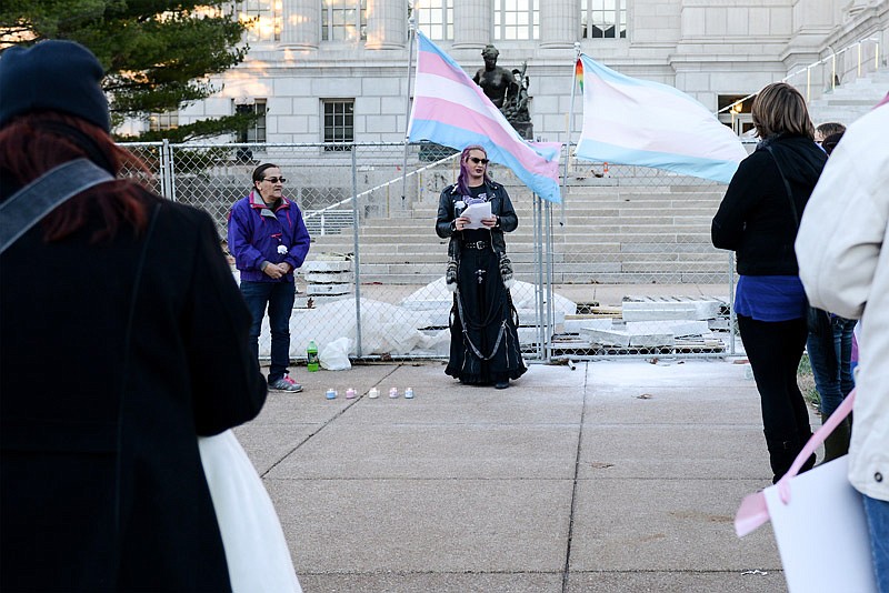 Transgender women Cathy Serino, left, and Michelle Daytona speak before a crowd during the Second Annual Transgender Day of Remembrance in Jefferson City outside the Capitol Building on Saturday, Nov. 19, 2016.  A gathering of friends, family, and advocates came together to remember and bring awareness about the transgender lives murdered around the globe.