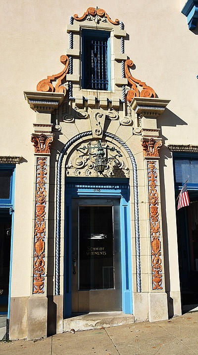 The Schmidt Apartment Building's vivid color scheme of the exterior plus the designs in the tiles, seen above, make it one of the most unique buildings in Jefferson City.