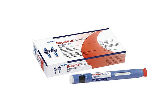 This undated image provided by Amgen Inc. shows the cholesterol-lowering drug Repatha. In a report published Tuesday, Nov. 15, 2016, by the Journal of the American Medical Association, this new drug added to cholesterol-lowering statins has proved able to shrink plaque that is clogging arteries, potentially giving a way to undo some of the damage of heart disease.