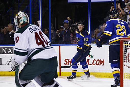 St. Louis Blues' Paul Stastny, center, reacts after scoring a goal against Minnesota Wild goalie Devan Dubnyk during the second period of an NHL hockey game Saturday, Nov. 26, 2016, in St. Louis. 