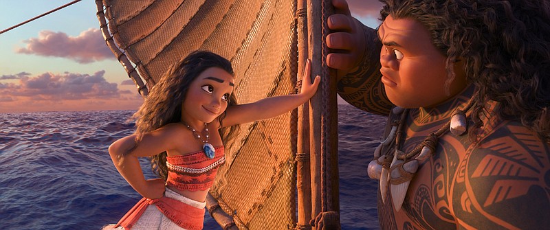 This image released by Disney shows characters Maui, voiced by Dwayne Johnson, right, and Moana, voiced by Auli'i Cravalho, in a scene from the animated film, "Moana." 