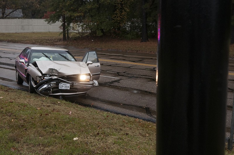 A Buick LeSabre hydroplaned Monday, striking a telephone pole. The driver was taken to CHRISTUS St. Michael Health System with injuries. 