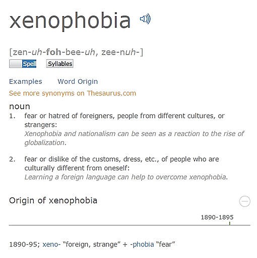 This screen image released by Dictionary.com shows the definition of xenophobia, named as word of the year. Searches for xenophobia on the site increased by 938 percent from June 22 to June 24, Solomon said. Lookups spiked again that month after President Obama's June 29 speech in which he insisted that Donald Trump's campaign rhetoric was not a measure of "populism," but rather "nativism, or xenophobia, or worse." 