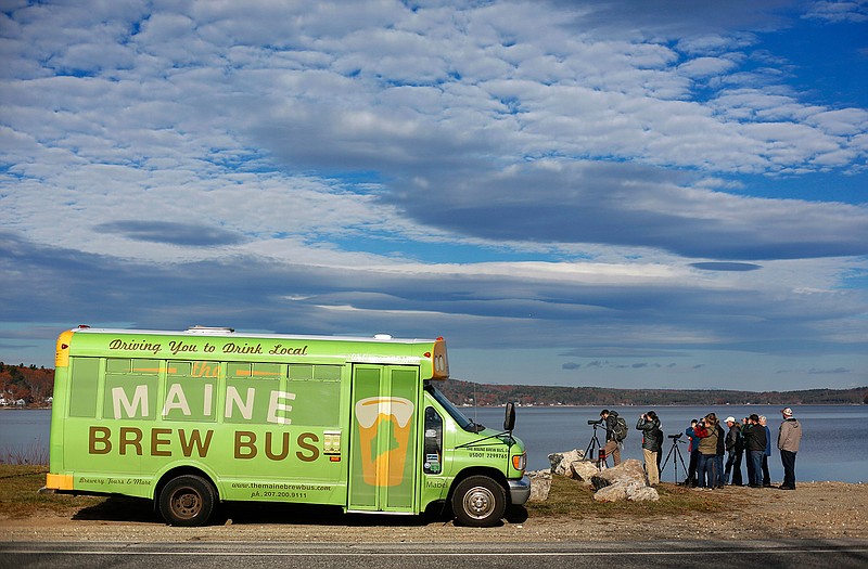 In this Sunday, Nov. 13, 2016 photo a group of birding enthusiasts watch waterfowl on Sabattus Pond in Sabattus, Maine. The Maine Brew Bus tour group combines bird watching and with visits to microbreweries in southern Maine. 