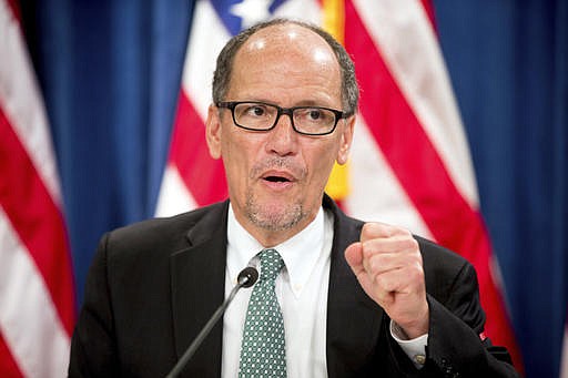 In this June 22, 2016, file photo, Labor Secretary Thomas Perez speaks at a news conference at the Treasury Department in Washington. A federal court on Tuesday blocked implementation of a rule that would have made an estimated 4 million more America workers eligible for overtime pay starting Dec. 1, 2016, dealing a major blow to the Obama Administration's effort to beef up labor laws it said weren't keeping pace with the times.