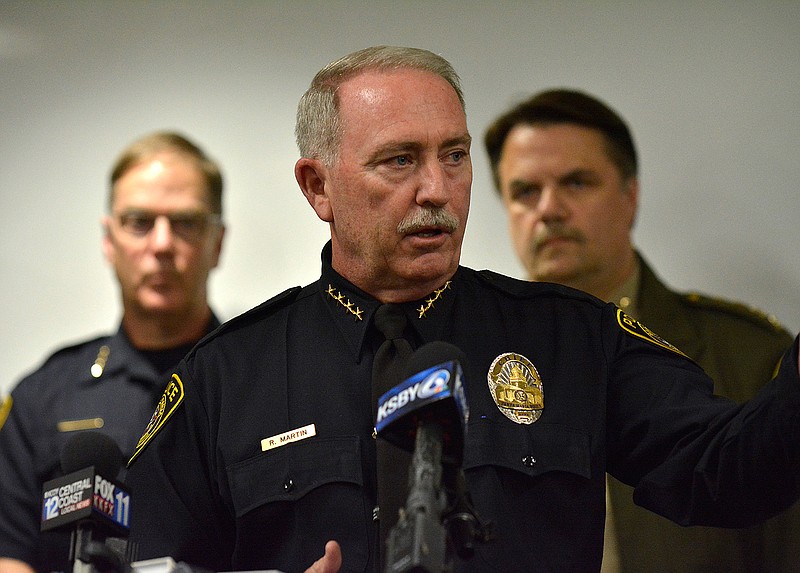 Santa Maria Police Chief Ralph Martin addresses reporters during a press conference about Operation Matador. It was recently revealed that Martin and his department issued a fake press release as a tactic, he said, that saved lives and helped add convincing evidence against the members of MS-13 currently awaiting trial. 