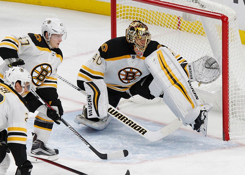 Boston Bruins goalie Tuukka Rask (40) makes a save during the third period of an NHL hockey game against the Buffalo Sabres, Saturday, Dec. 3, 2016, in Buffalo, N.Y. 