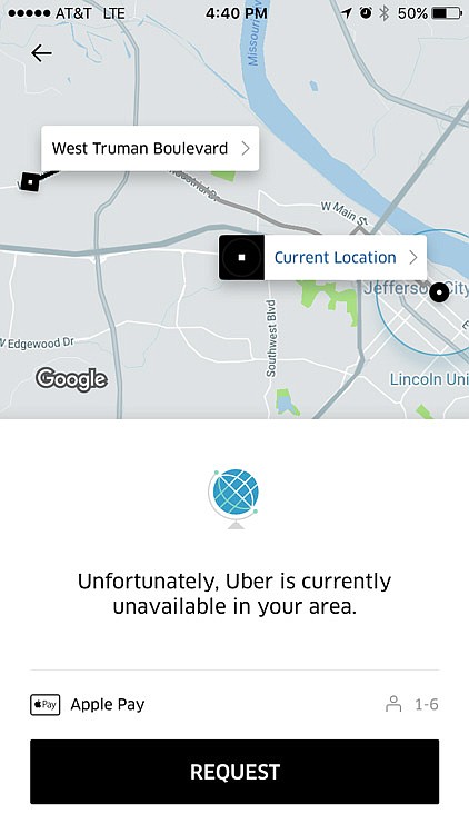 An Uber app screenshot shows the service is not available in the Jefferson City area.