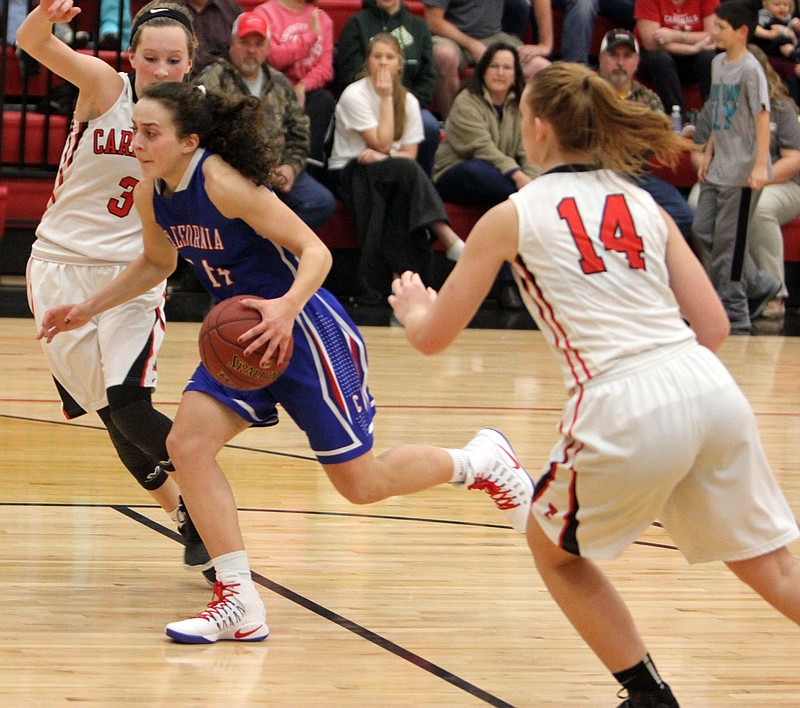 California's Elizabeth Lutz looks to get to the rim in the Pintos' 59-23 win over Tipton.