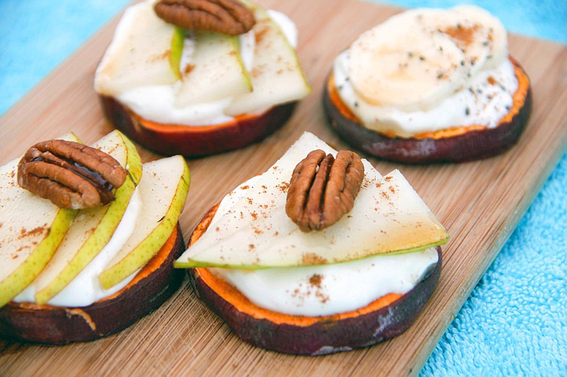 Toasted sweet potato slices can be topped with a variety of sweet or spicy spreads.