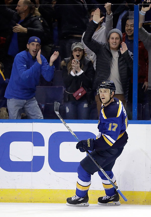 Jaden Schwartz of the Blues celebrates after scoring the game-winning goal during overtime of Tuesday's game against the Canadiens in St. Louis.