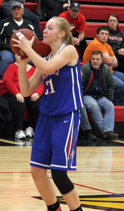 California's Paige Lamm gathers herself before sinking a long 3-pointer in the Pintos' win over Tipton on Monday, Dec. 5, 2016.