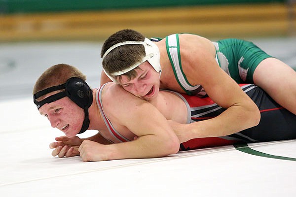 Kyler Griep of Blair Oaks tries to control Ty Varvil of Southern Boone during their 145-pound match Thursday night in Wardsville.