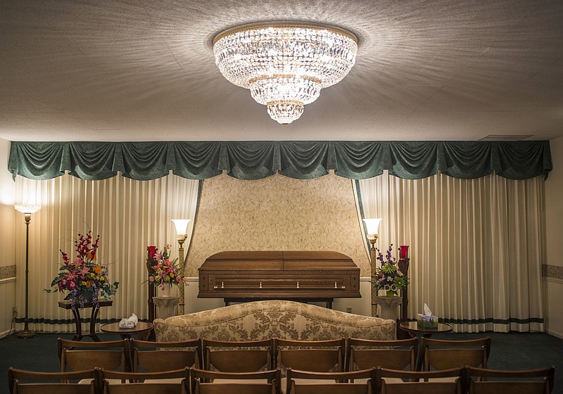 This Monday, Jan. 25, 2016 photo shows a room inside a funeral home in Saginaw, Mich. According to a study by the government released on Thursday, Dec. 8, 2016, life expectancy in the United States has fallen for the first time in more than 20 years. 