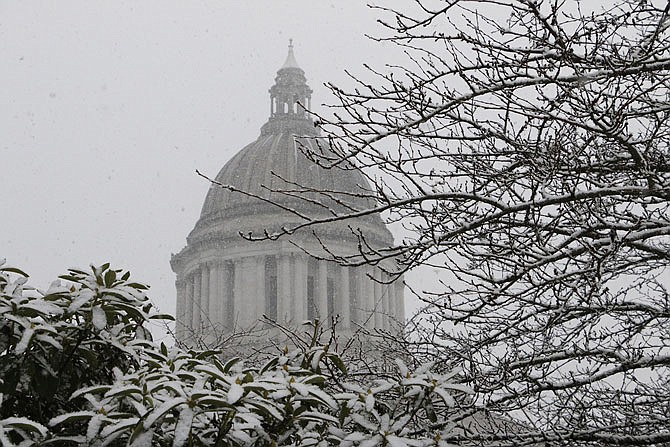 Snow is seen falling outside the Washington state Capitol on Thursday in Olympia, Washington. Other areas that saw snow in the Pacific Northwest included Vancouver, Washington and Portland, Oregon.