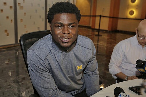 Heisman Trophy finalist Jabrill Peppers, of Michigan, is interviewed during a media event in New York, Friday, Dec. 9, 2016. 