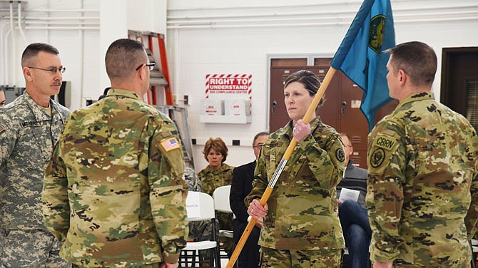 The 7th WMD-Civil Support Team hosted an Assumption of Command ceremony Monday at the Missouri National Guard Flight Facility in north Jefferson City. Maj. Lindsey Decker, second from right, assumed command from acting commander Maj. Christopher Ash, second from left. 