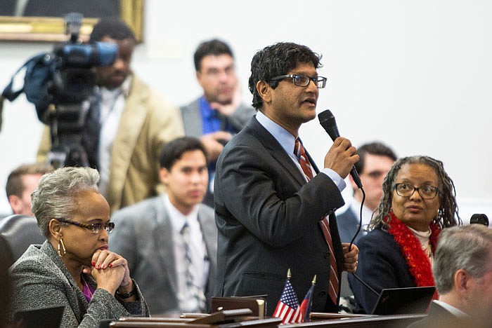 State Sen. Jay Chaudhuri, D-Wake, speaks on the senate floor during a special session of the North Carolina General Assembly called to consider repeal of NC HB2 in Raleigh, North Carolina, Wednesday.