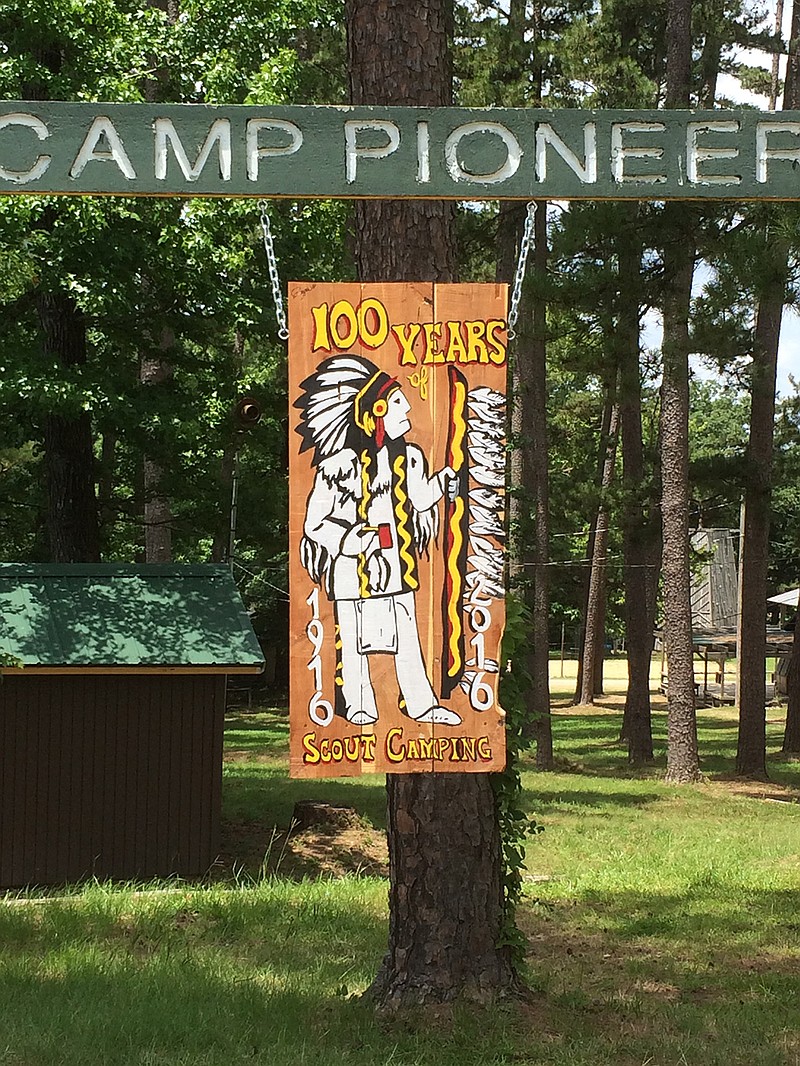 A hand-painted sign hangs outside in Camp Pioneer, a Boy Scout campground in the Ouachita Mountains of Western Arkansas.