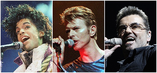 Pop music icons, from left, Prince in 1985, David Bowie in 1995 and George Michael in 2008 are shown during performances. The entertainers were among a number of influential entertainers, sports stars and political figures who died in 2016.