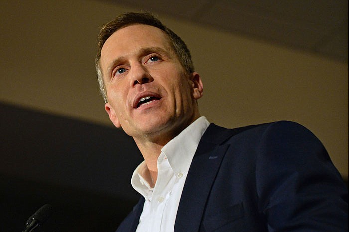  In this Nov. 8, 2016 photo, Missouri Republican Governor-elect Eric Greitens delivers a victory speech in Chesterfield, Missouri. 