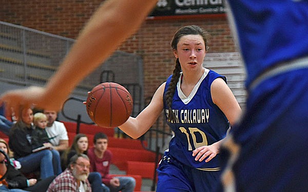 Ashley Potter of South Callaway looks to make a pass Tuesday during a game against Owensville in the Capital City Shootout at Fleming Fieldhouse.
