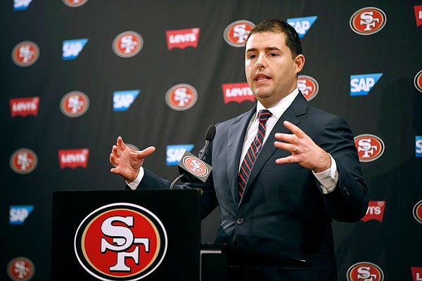 San Francisco 49ers CEO Jed York speaks to reporters Monday during a media conference in Santa Clara, Calif. York answered questions regarding his decision to fire coach Chip Kelly and general manager Trent Baalke.