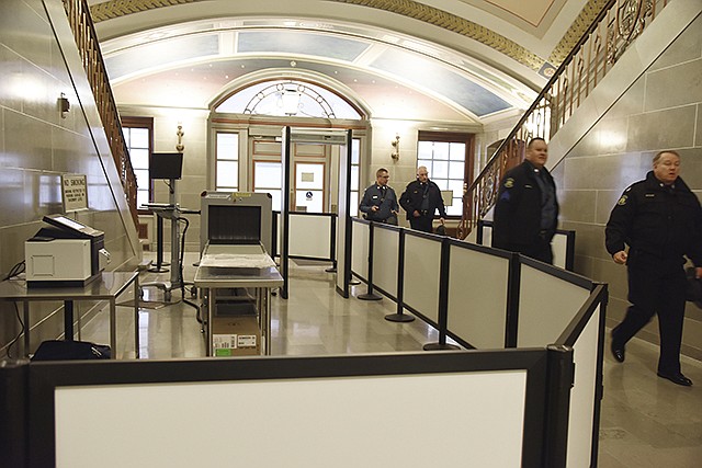 In this Jan. 5, 2017 photo, security was being enhanced by the addition of metal detectors and X-ray machines at several Missouri Capitol entrances.