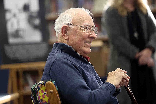 Jerry Koenig speaks to sophomores Friday in the library at Helias High School. Koenig is a Holocaust survivor who spent 22 months in a trench under a barn in Poland during the early 1940s.