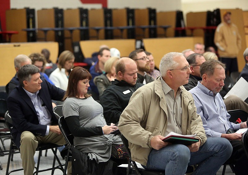 Members of the public listen during a November Jefferson City Public Schools board meeting at Lewis and Clark Middle School. The board held the session for members of the public to comment/ask questions about the potential bond issue to build a second high school.