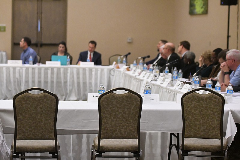  Seats stand vacant reserved for the Board of Directors for the Sulphur River Basin Authority as the SRBA did not attend the special meeting between Riverbend Water Resources District, the city of Texarkana, Texas, and the SRBA on Tuesday at the Texarkana, Texas, Convention Center. 