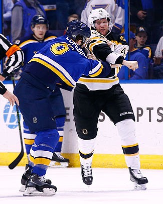 David Backes of the Bruins throws a punch as he tangles with Joel Edmundson of the Blues during the second period of Tuesday night's game in St. Louis.