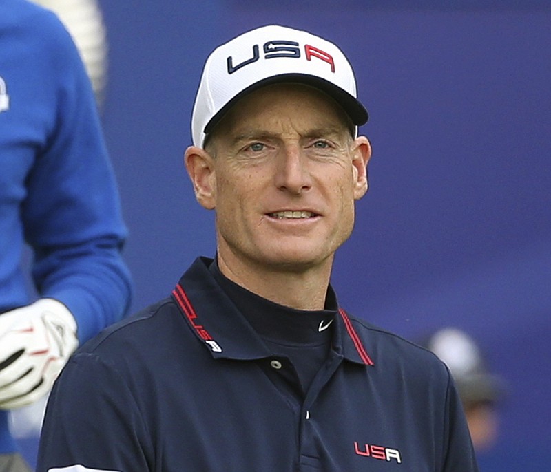 In this Sept. 28, 2014, file photo, Jim Furyk, of the United States, walks off the tee box after playing the first hole during a singles match on the final day of the Ryder Cup golf tournament, at Gleneagles, Scotland. Furyk has been appointed U.S. captain for the 2018 Ryder Cup in France. Furyk will be in charge of a team that will try to win on European soil for the first time since 1993 at The Belfry. 