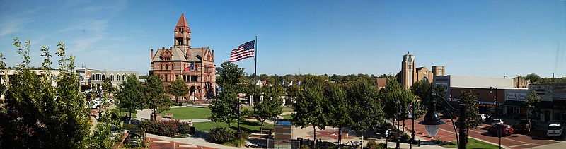  A stitched panorama shows the courthouse in Sulphur Springs, Texas. This photograph is a composite image.