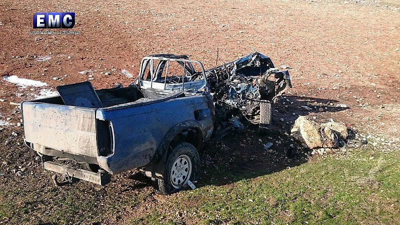 This photo released on Wednesday, Jan. 11, 2017 by the Edlib Media Center, an opposition activist media collective, which has been authenticated based on its contents and other AP reporting, shows a vehicle that was hit an a aerial attack in the northwestern Syrian province of Idlib. Since Jan. 1, a wave of airstrikes have killed nearly three-dozen members of Fatah al-Sham Front and commanders of groups allied with the international terror network. The U.S. is targeting senior commanders of al-Qaida's affiliate in Syria at an unprecedented rate in northern Syria, killing nearly three dozen members of the group and militants allied with the international terror network since the beginning of the year. BC-Syria-Targeting al-Qaida. 
