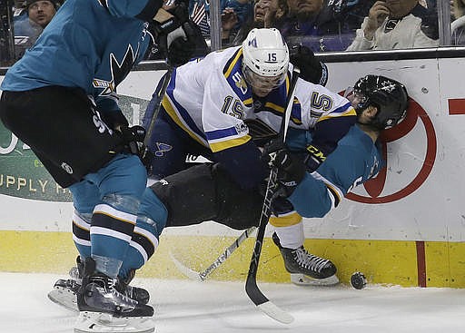 St. Louis Blues center Robby Fabbri (15) hits San Jose Sharks defenseman David Schlemko during the second period of an NHL hockey game in San Jose, Calif., Saturday, Jan. 14, 2017.