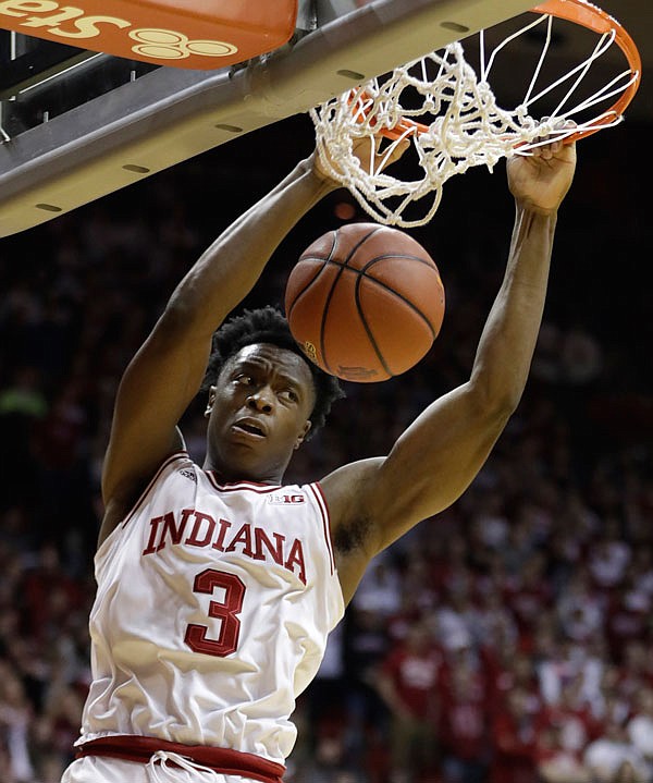 Indiana's OG Anunoby dunks during the second half of Sunday's game against Rutgers in Bloomington, Ind. Anunoby (Jefferson City High School) had 11 points and seven steals in the Hoosiers' 76-57 win.