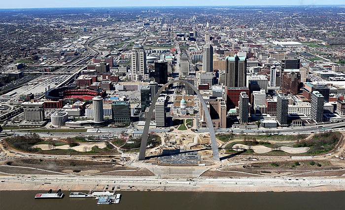 This Jan. 16, 2017 aerial photo shows progress on the renovations at the Arch grounds continuing in St. Louis. After long decline, St. Louis is trying to rebuild its image with business start-ups and investing in major downtown projects. The city's image took a hit in recent years due to factors such as racial protests, the loss of the NFL's Rams and the departure of several Fortune 500 companies. 
