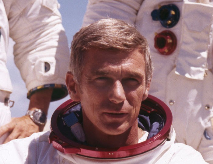 In an undated photo provided by NASA, U.S. Navy commander and astronaut for the upcoming Apollo 17, Eugene Cernan, is pictured in his space suit. 