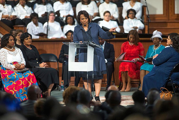 Bernice King, daughter of the late Rev. Martin Luther King Jr., speaks during the Rev. Martin Luther King Jr. holiday commemorative service at Ebenezer Baptist Church where King preached.