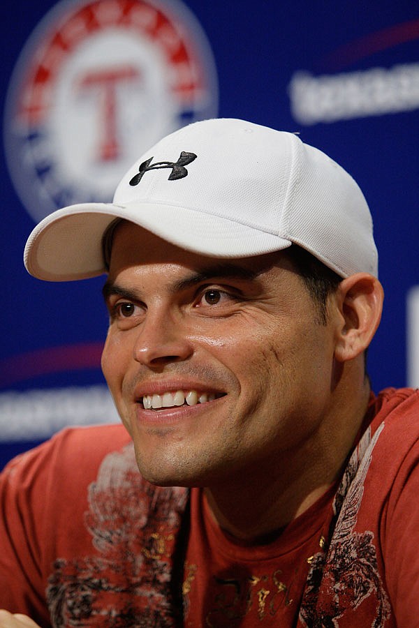 In this Aug. 18, 2009, file photo, Ivan Rodriguez responds to questions during a press conference after being acquired by the Rangers at the Texas Rangers Ballpark in Arlington. Rodriguez appeared on the Hall of Fame ballot for the first time this year and was a prominent catcher during baseball's steroids era.