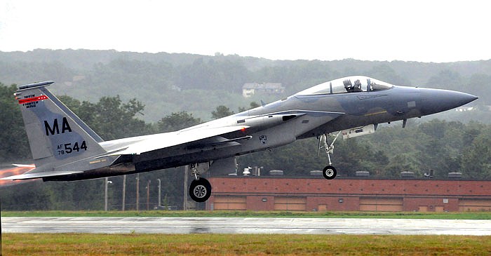 In this file photo, an F-15 from the 104th Fighter Wing at the Barnes Air National Guard Base takes off during the Westfield International Air Show in Westfield, Massachusetts.