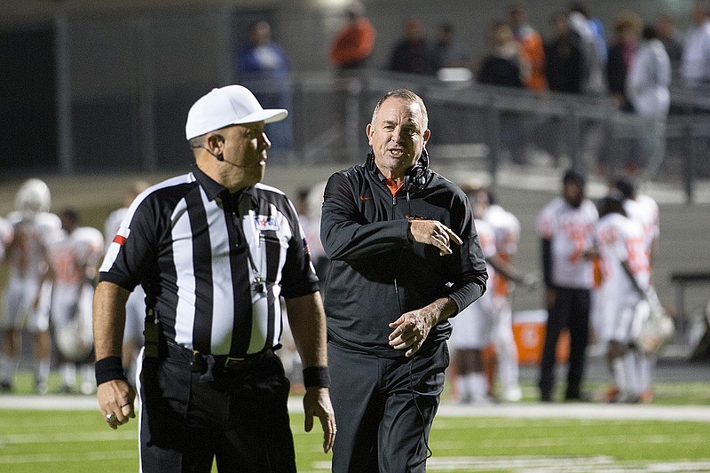 Texas High head coach Barry Norton argues with an official Nov. 11, 2016, after West Mesquite blocked a Tiger punt. West Mesquite ended Texas High's season with a 30-27 victory in the Region II, 5A bi-district playoff game. It was announced Tuesday that Norton is the new head coach for the Texarkana, Ark., School District.