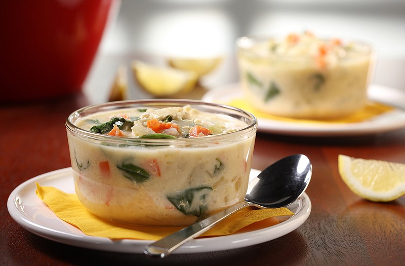 The lemon chicken soup with quinoa and kale takes inspiration from the Greek lemon and egg-based dish avgolemono.